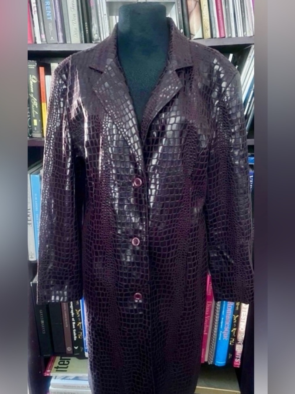 Selene Sport Croc-Embossed Long faux Leather Coat in Deep Plum